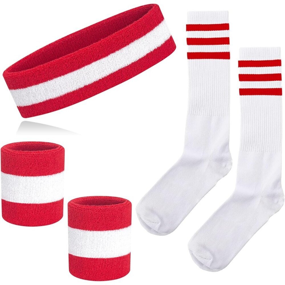 Striped Sweatband Socks Set 80s Style Sports Headbands Wristbands for Men Women